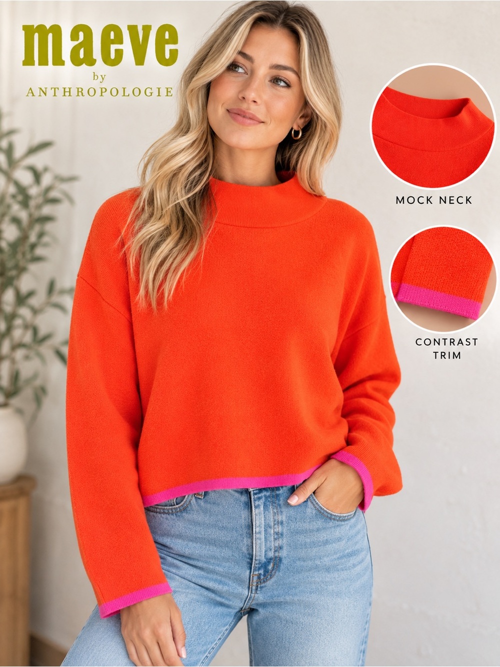 Maeve Anthropologie Orange Pink Trim Mock Neck Sweater XS/S